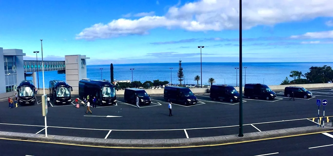 Madeira MICE Meetings Incentives Congresses Events transport fleet by VIP RC Transports, with coaches and vans coordinated near the coast for corporate groups.