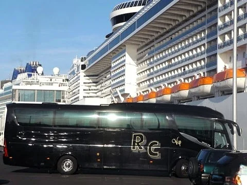 Private coach by VIP RC Transports at Funchal Cruise Port with cruise ship in Madeira, providing shore excursions and port transfers